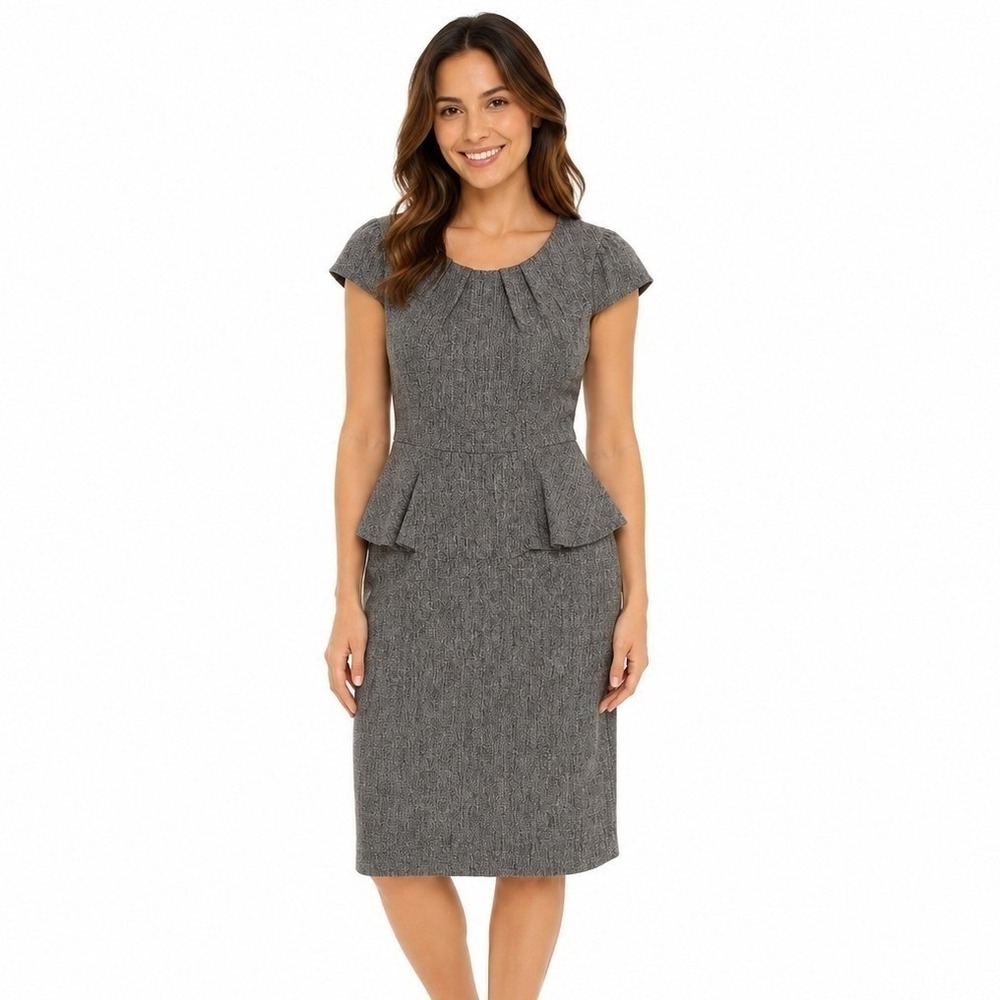 Connected Apparel Peplum Sheath Dress Women 8 Grey Textured Cap Sleeve TD543963M